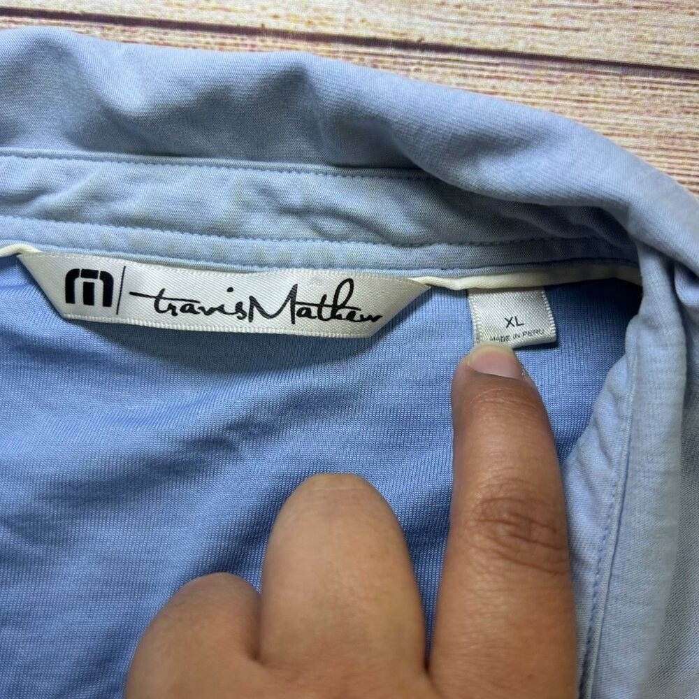 TravisMathew Polo Shirt Mens XL Light Blue Pima Cotton Blend Chest Pocket Logo - Picture 4 of 13